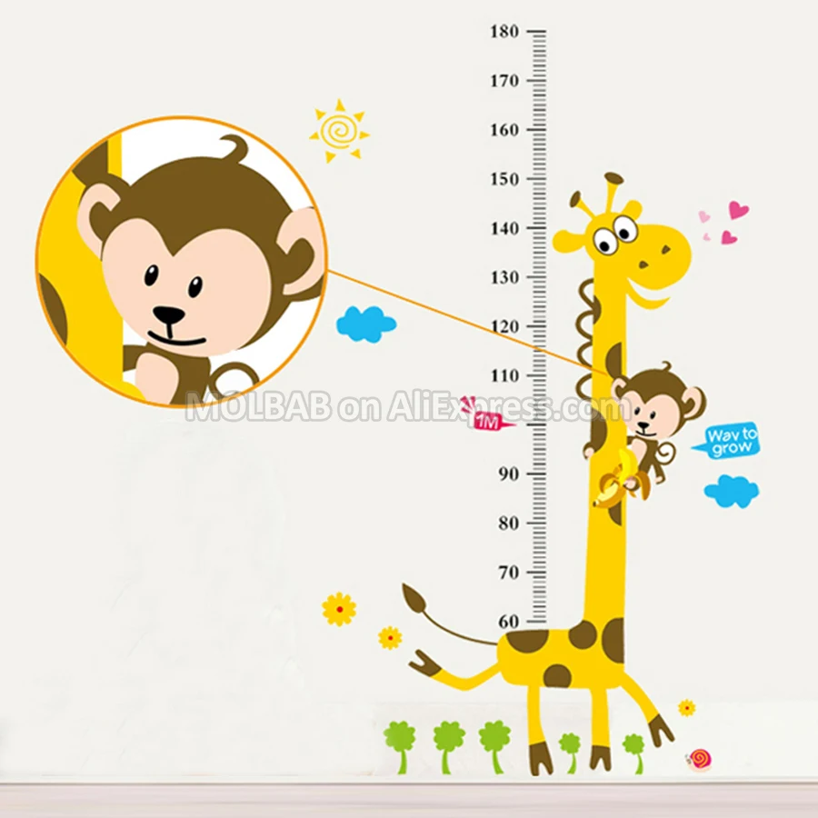 Removable Giraffe Height Measurement Wall Sticker Cartoon Monkey Decals Children Growth Record Metric Scale Chart Kid Room Decor