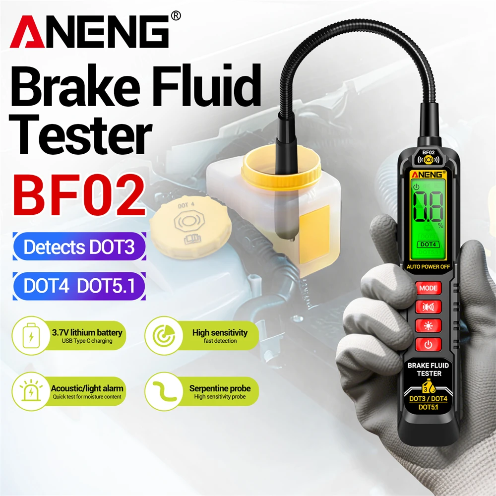 

Тестер тормозной жидкости BF02, портативный цифровой прибор для определения качества тормозной жидкости DOT3, DOT4, DOT5.1, инструмент для диагностики влажности и анализа состояния тормозов.