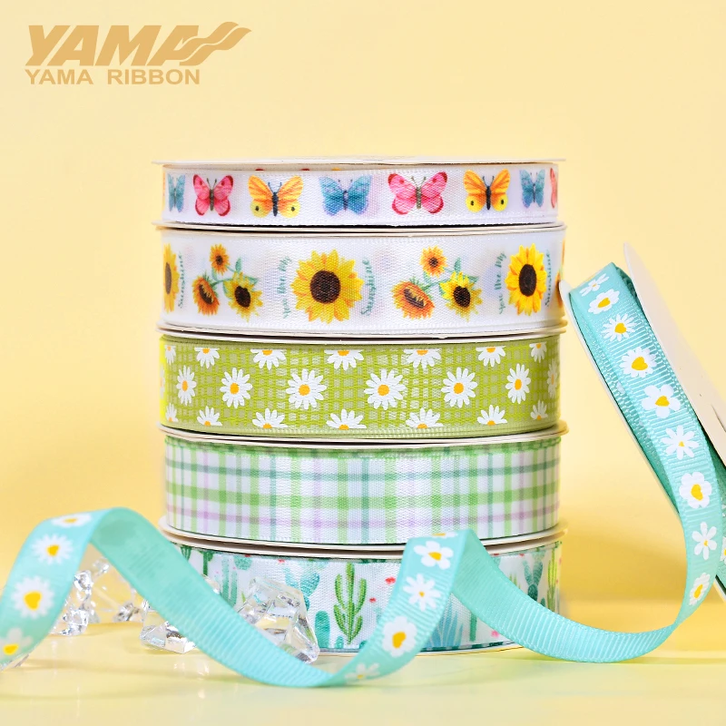 YAMA Flower Print Satin Ribbon 9mm 16mm 10yards/roll Romantic Ribbon for Crafts DIY Bouquet Gift Decoration Supplies