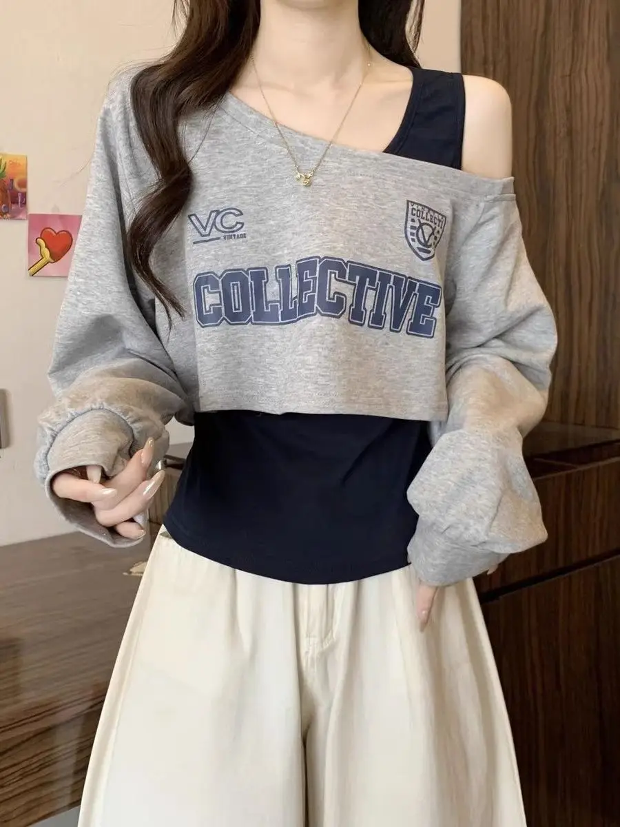 

Short Shoulder T-Shirt Hoodie Strap Women's Two-Piece Set Early Spring New Shoulder Exposure Jazz Dance Top Korean Loose Fit