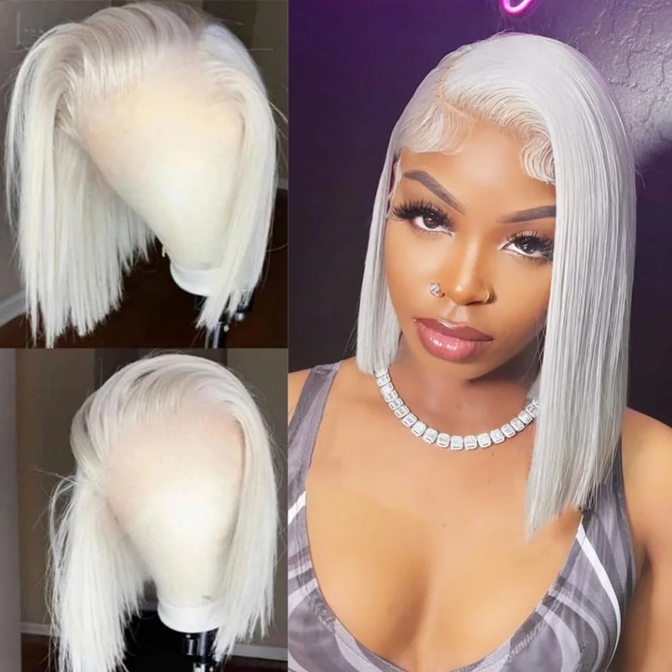 Perruque Bob Lace Front Wig naturelle lisse, cheveux courts, couleur blanche, platine #60, pre-plucked, transparente, pour femmes