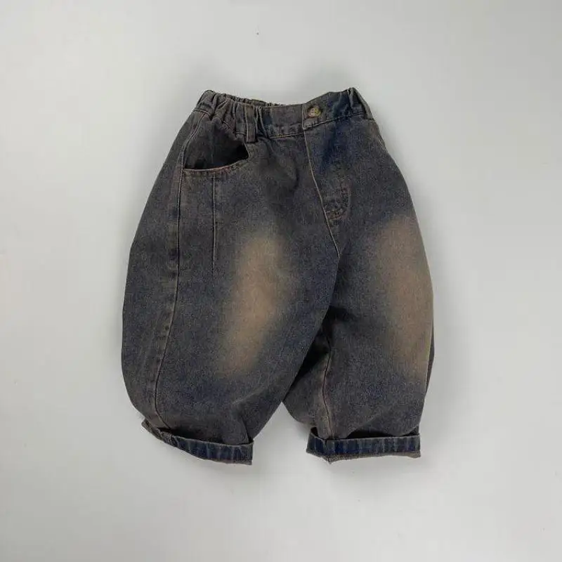 

2024 Autumn New Children Casual Pants Vintage Boys Distress Jeans Kids Girls Denim Trousers Loose Baby Clothes 1-6year