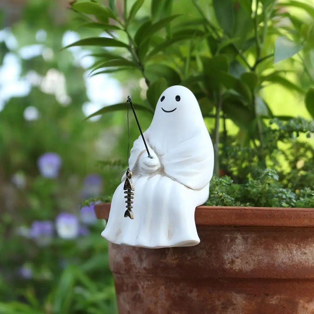 

Funny Resin Sitting Ghost Fishing Statue Cartoon Cute Ghost Fisher Sculpture Waterproof Tabletop Decoration Ornament Balcony