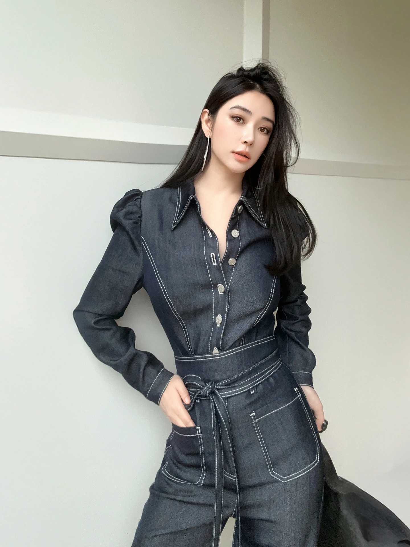 

Модный ретро-комбинезон из денима с широкими штанинами, утягивающий талию, с корсетным эффектом, длинные брюки из ткани лиоцелл, женский комбинезон