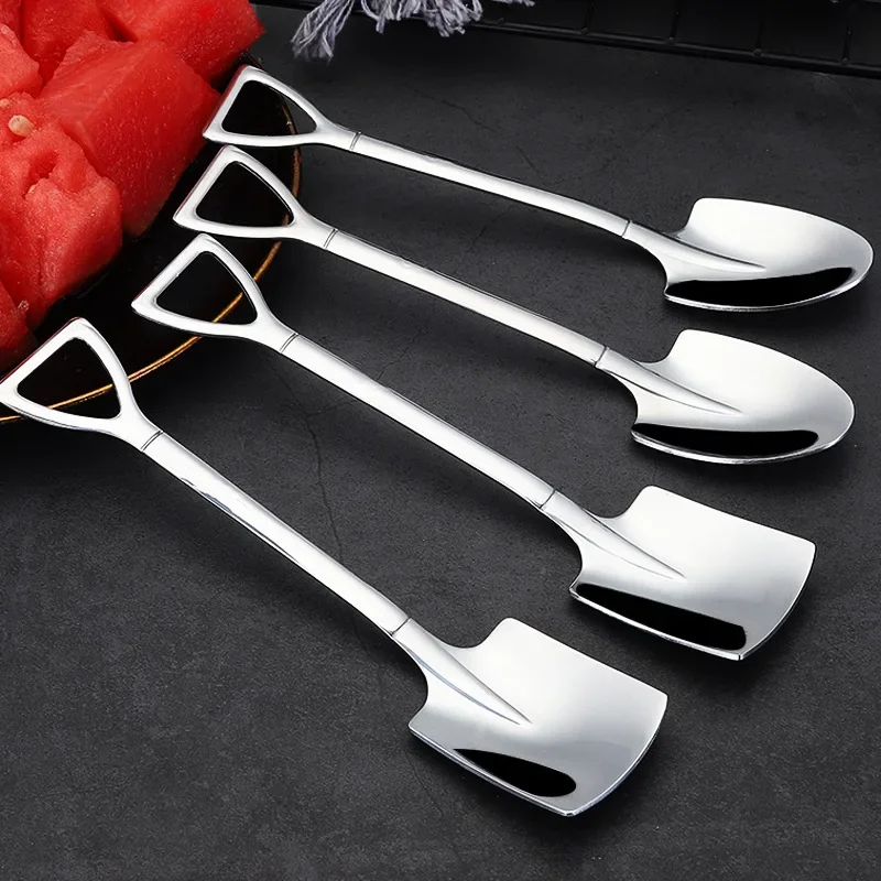 New 4PCS 410 Stainless Steel Coffee Spoon Retro Shovel Spoon For Ice Cream Creative Tea-spoon Tableware Bar Tool Cutlery Set Spo