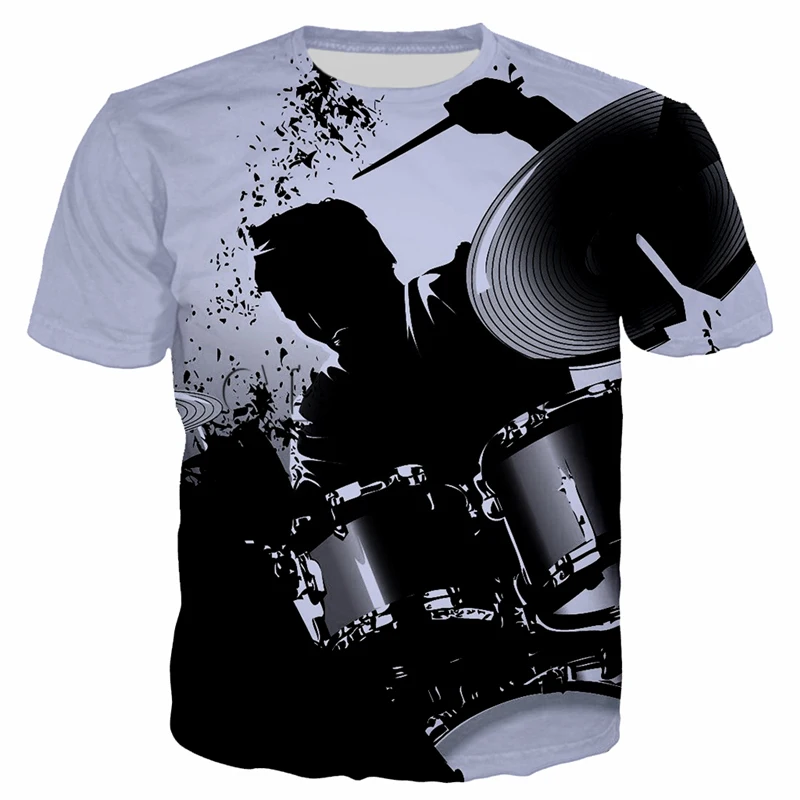 New Summer Leisure Fashion DJ Clothing Drum Set Pattern Men T-Shirts 3D Print Hip Hop Tees Round Neck Short Sleeve Tops