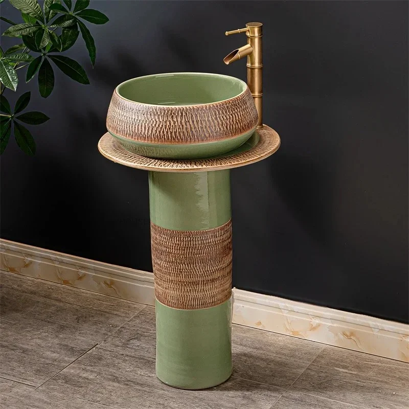& Chinese Retro Ceramic Pedestal Bathroom Sinks Floor-standing Balcony Washbasins Creative Design Countertop Sinks for Bathroom