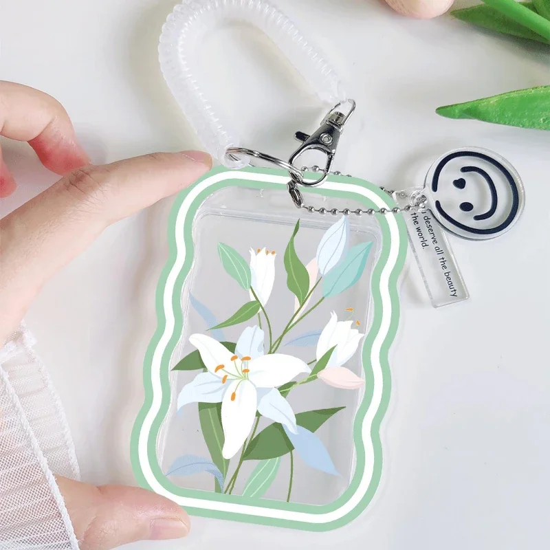 Wave Transparent White Flowers Card with Retractable Spring Cord Suitable for Bank Identity Bus ID Card Sleeve Case Door Card