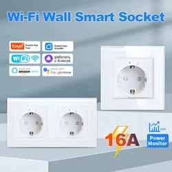 16A Tuya Wifi Smart Dual Socket EU with Power Monitor Function Smart Life App Remote Control Outlet Works with Alexa Google Home