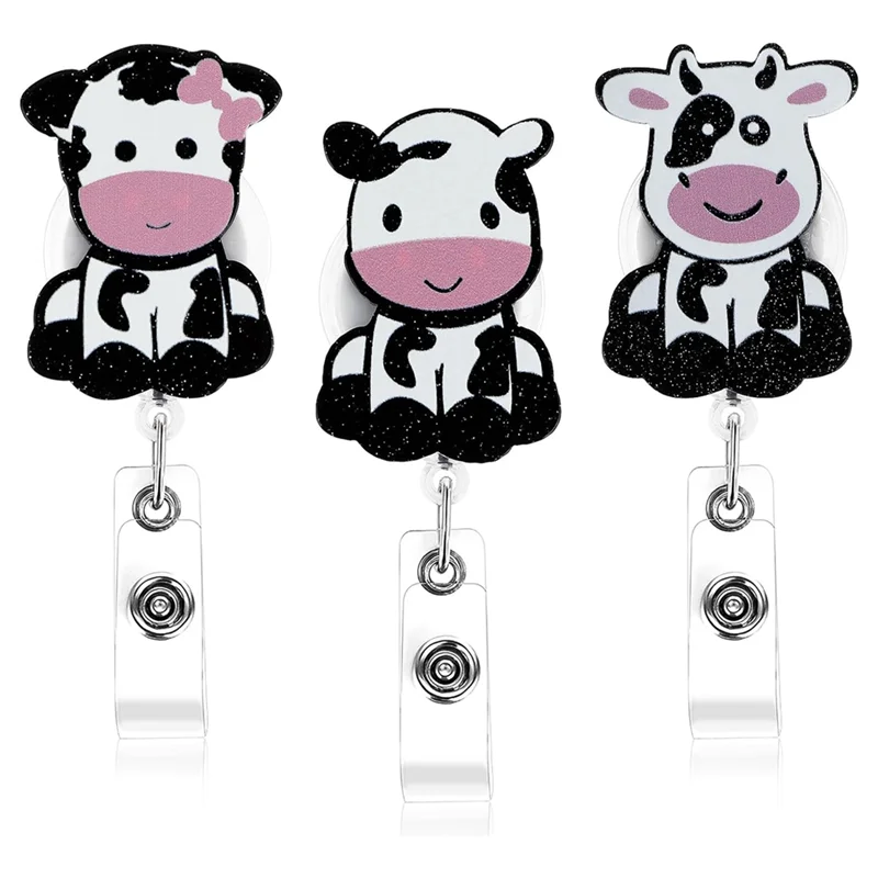 

A13E-3PCS Cow Badge Reel Clips, Retractable Badge Holder Cute ID Name Card Holders With Swivel Clip, Arcylic Nurse Badge Reel