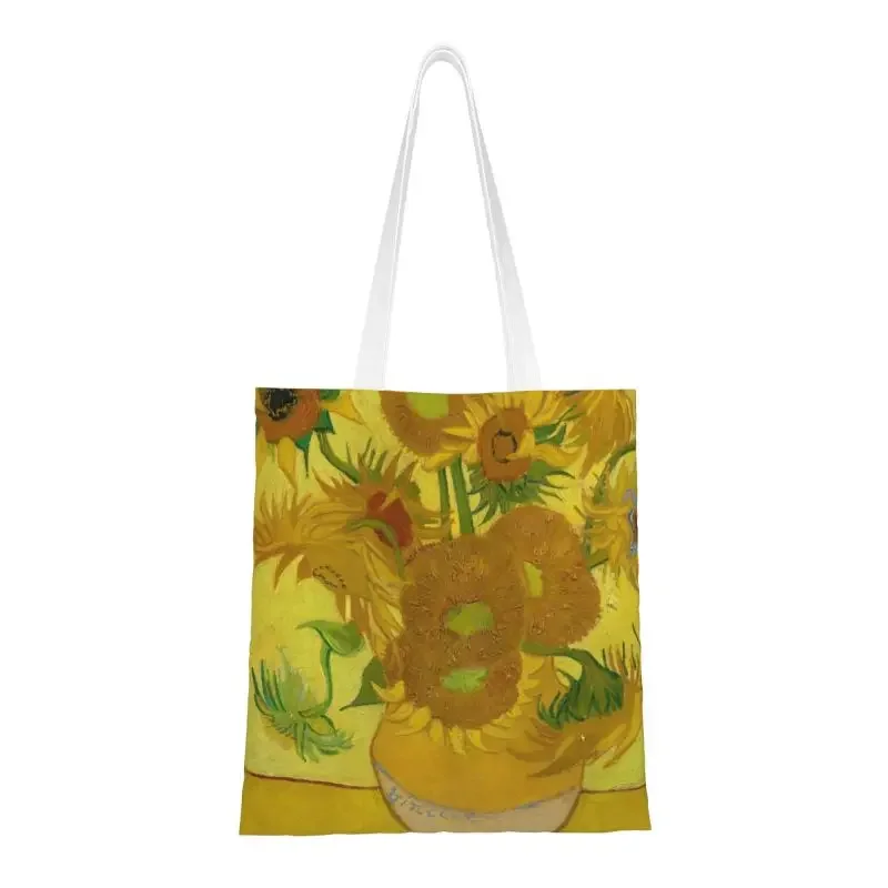 

Funny Printed Vase With Twelve Sunflowers Tote Shopping Bag Washable Canvas Shoulder Shopper Vincent Van Gogh Painting Handbag