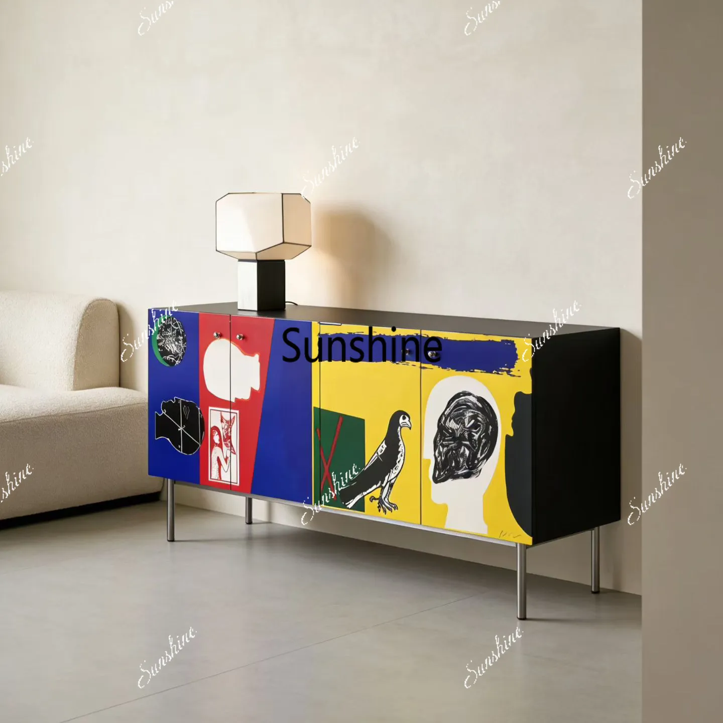 

French retro painted dining side cabinet high-end living room solid wood decorative cabinet