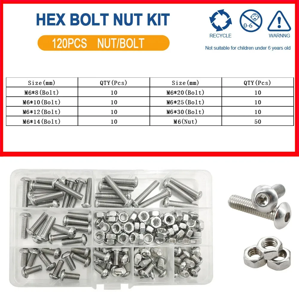 M2 M3 M4 M5 M6 Allen Sechskantmutter Bolzensatz 304 Edelstahl Sechskantschraube Muttern Set Knopf Rundkopf Maschinenschrauben Muttern Kit – Detail 12