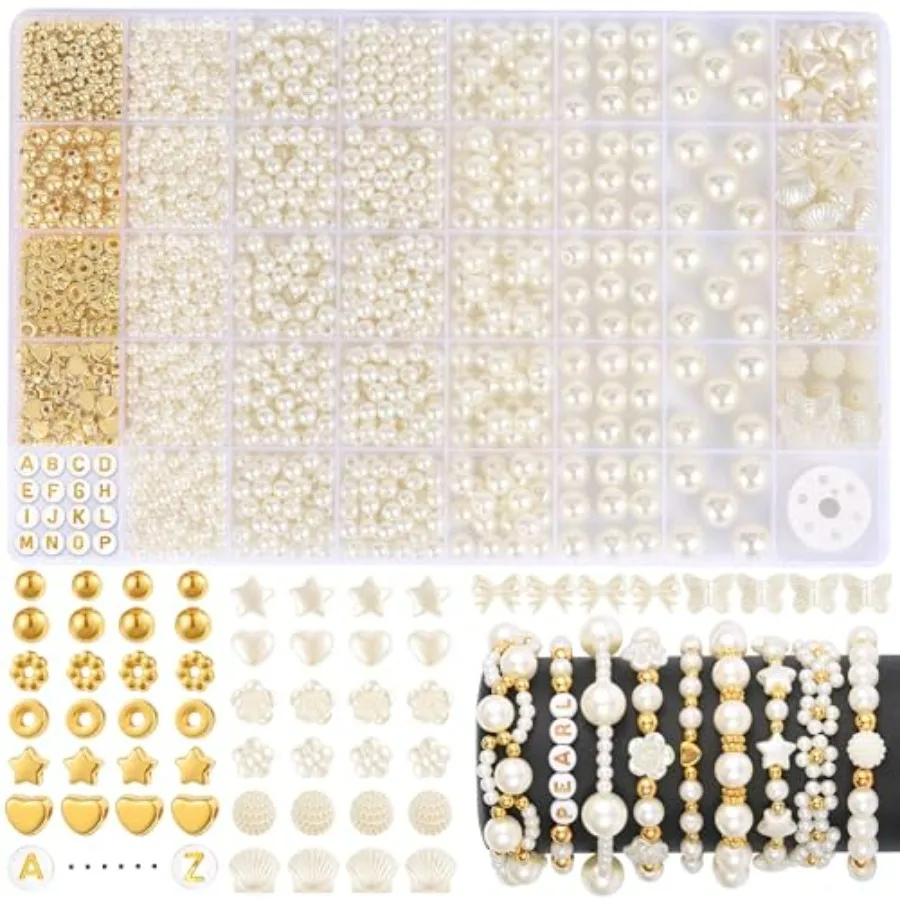 

1860pcs Pearl Beads for Jewelry Making, 5 Sizes Round Pearls Bracelet Making Kit, Pearl Beads with Gold Spacer Bead Letter Star
