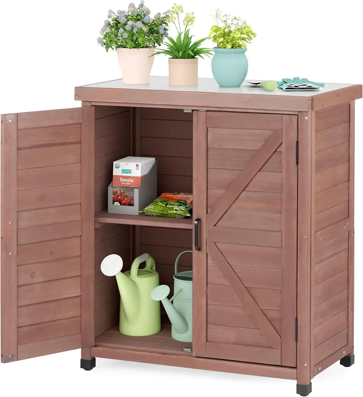 Outdoor Storage Cabinet & Potting Bench Table with Metal Top, Wooden Patio Furniture, Garden Workstation (Royal Brown