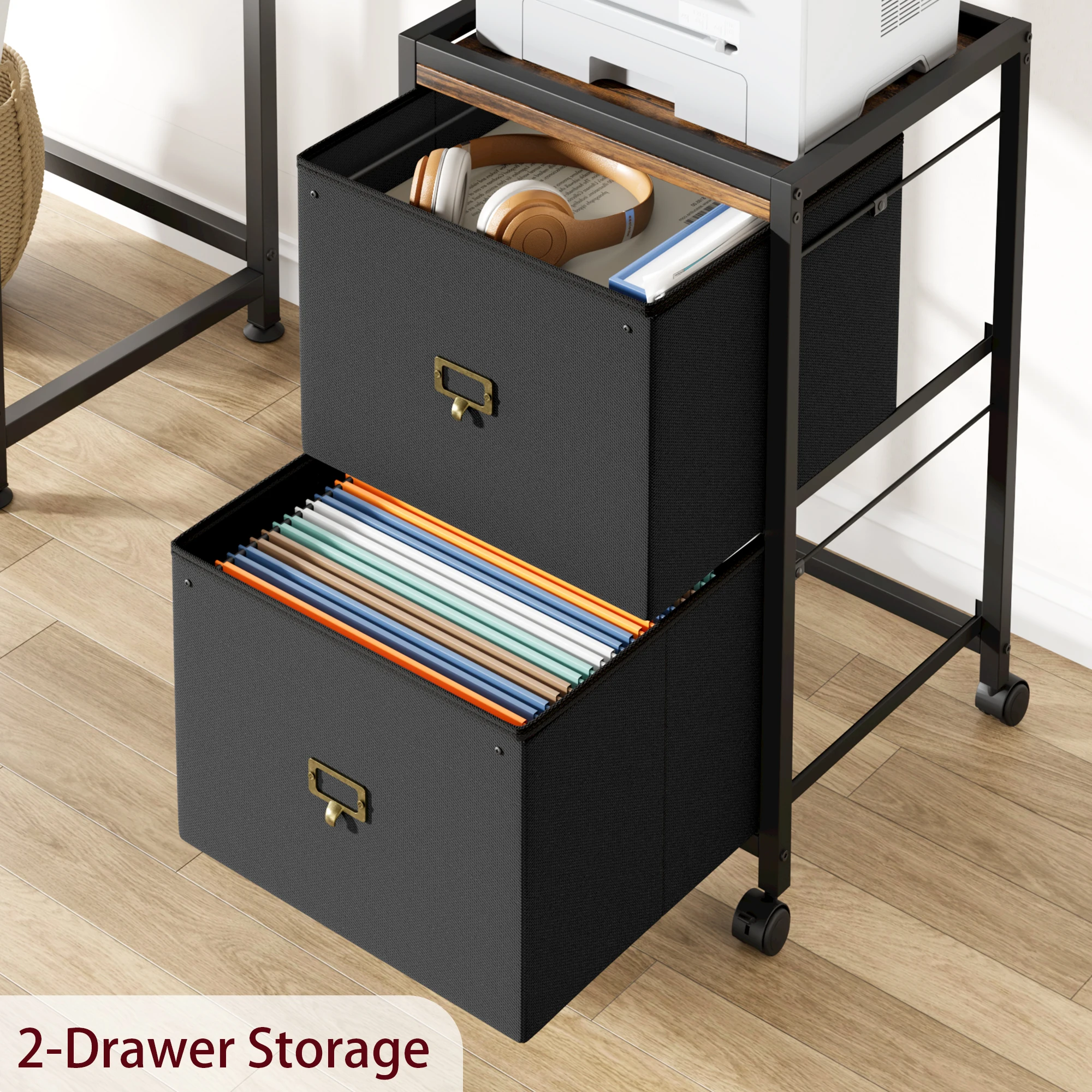 File Cabinet with 2 Drawers 26''H Rolling Filing Cabinet Fits Letter Size or A4 Fabric Vertical File Cabinet on Wheels