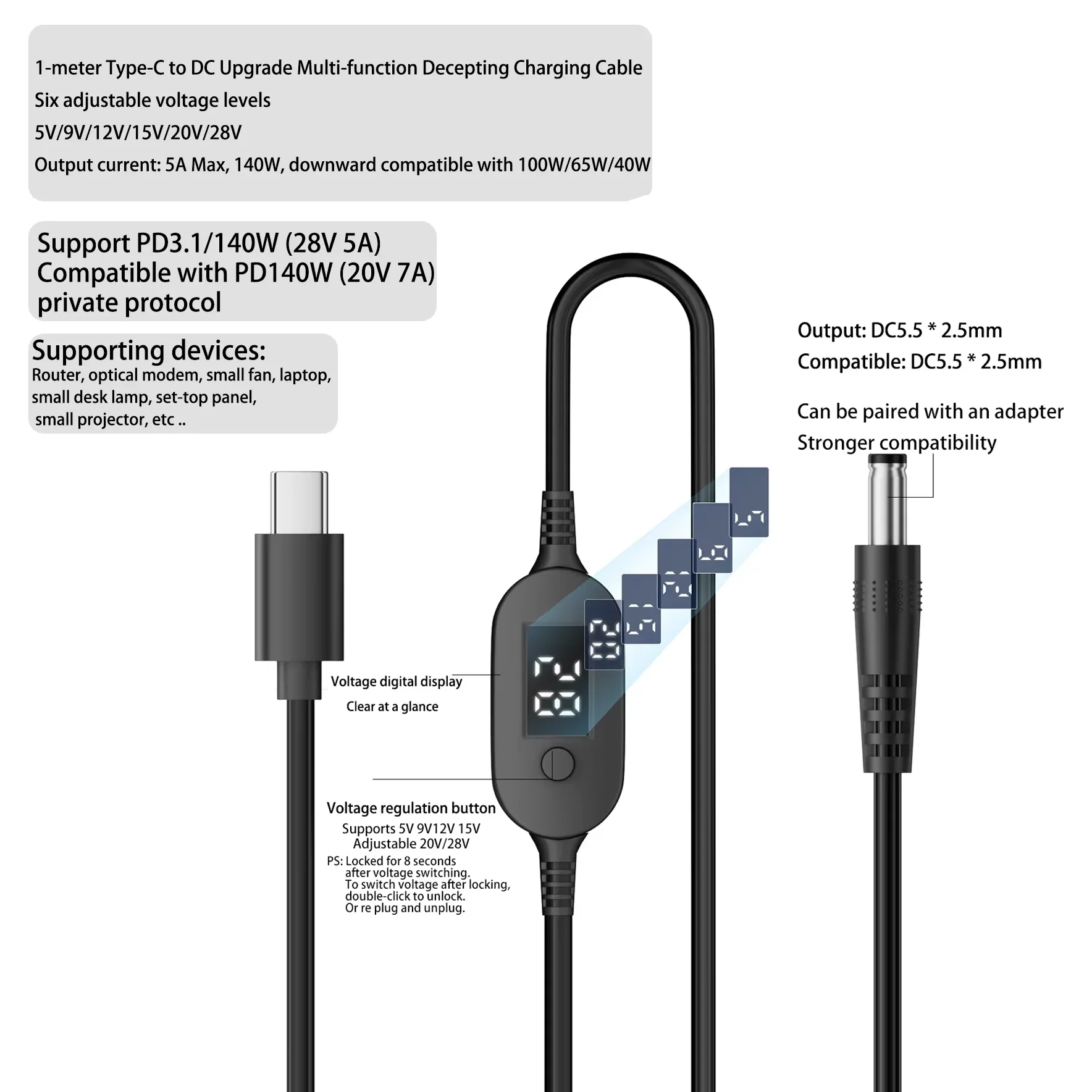 USB C To DC Power Cable 140W Type C To 5V 9V 12V 15V 20V 28V Adjustable Voltage Adapter Connector Cable for Laptop Routers