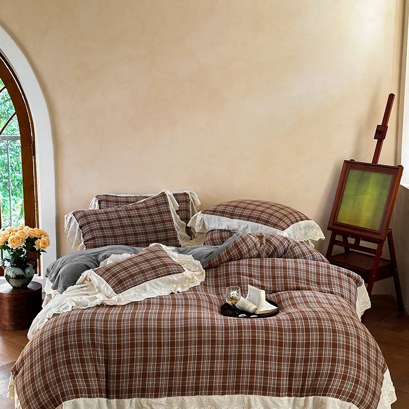 Vintage Plaid Flowers Lace Ruffles Bedding Set 100% Cotton Double Layer Yarn Duvet Cover Flat/Fitted Bed Sheet Pillowcases 4Pcs