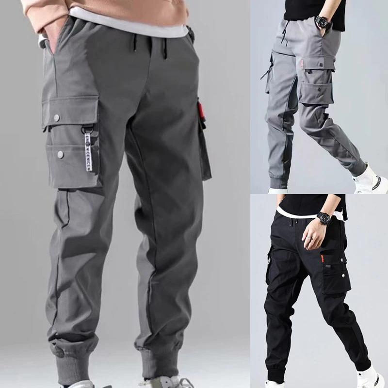 Casual Cargo Men Slim Black Pants Ninth Pants Summer Korea Fashion Harlan Pants Vintage Loose Male Trousers Spring Multi-pocket