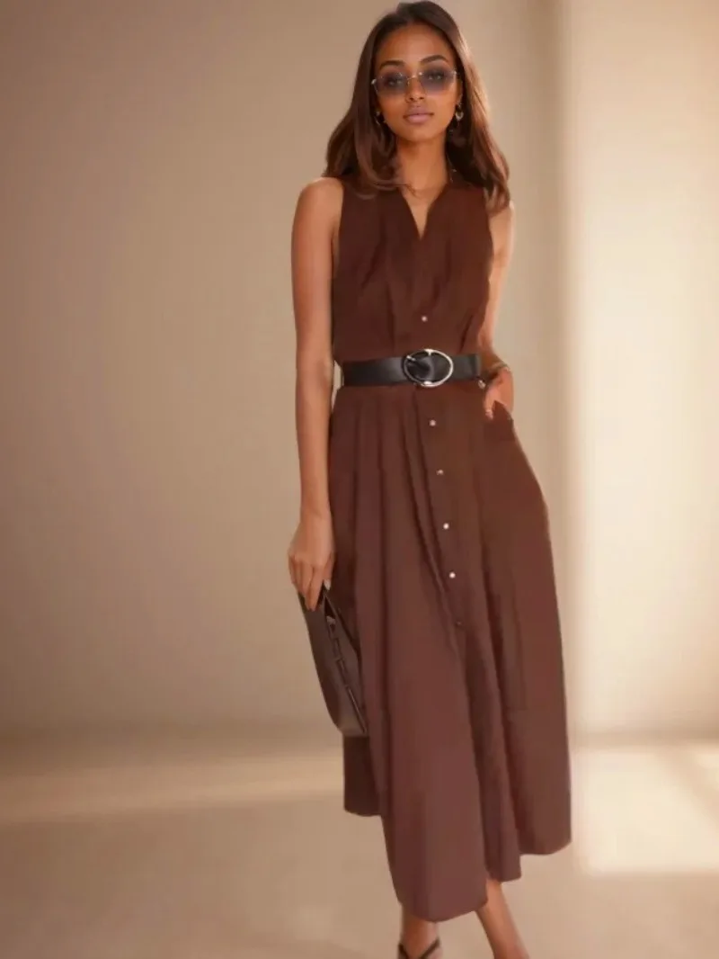Vintage braune Damen-Freizeitkleider, einreihig, ärmellos, plissiert, Kleid, Mode, 2025, Sommer, Streetwear, langes Kleid mit Gürtel