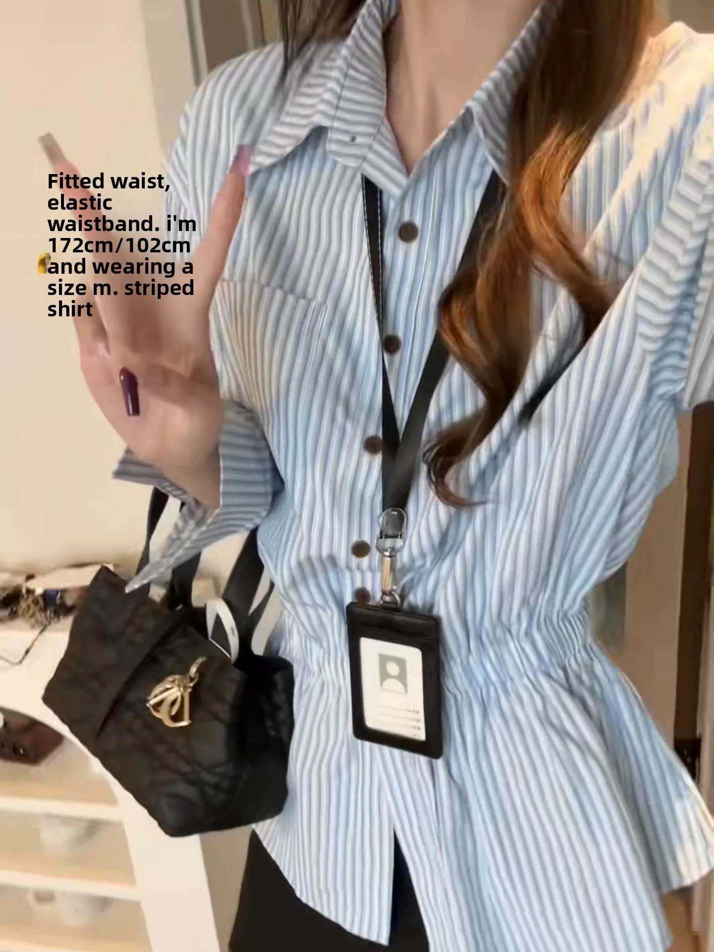 

Синяя полосатая рубашка с воротником, женская, весенняя, модная, с карманами, плиссированная, с завышенной талией, свободная, стройнящая, многослойная, кардиган