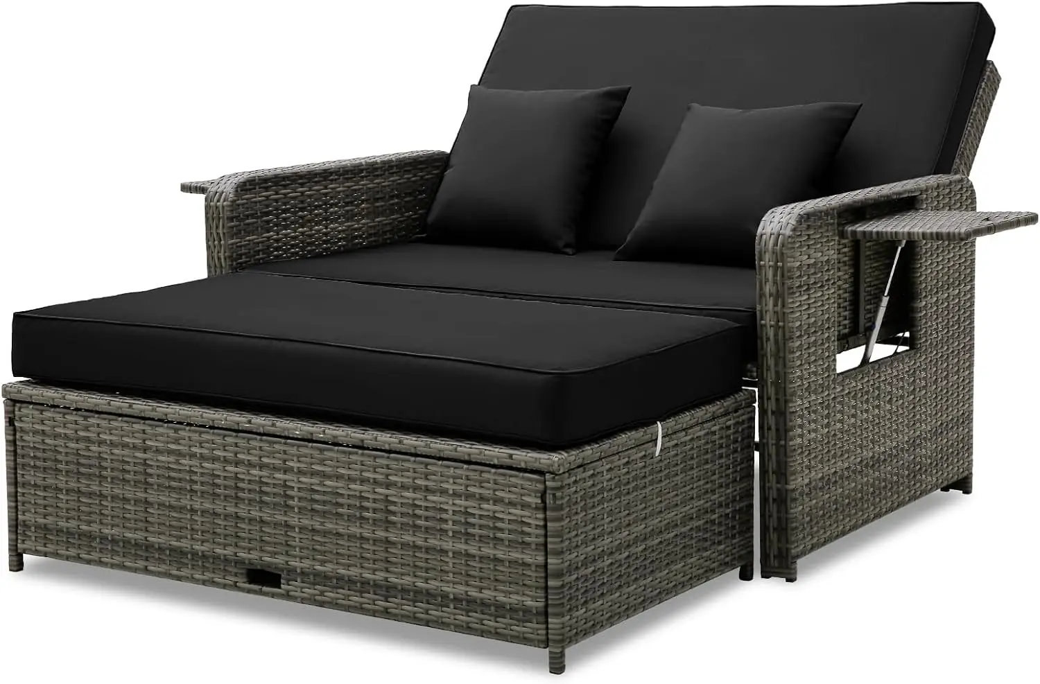 Patio Rattan Daybed Set, Wicker Loveseat Sofa w/Multipurpose Ottoman & Retractable Side Tray, 4-Level Adjustable