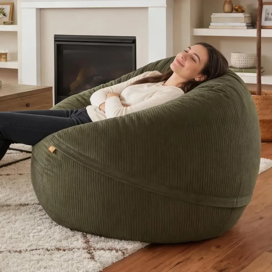 Luna 5 Foot X-Large Bean Bag Chair Oversized Foam Lounger for Adults,Plush Corded Faux Fur, Green