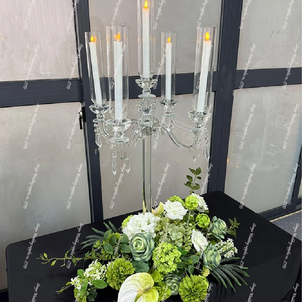 4-12pcs 100cmClear Acrylic Crystal Candelabras 5-Arm Candle Holders with Hanging Crystals Christmas Wedding Table Centerpiece