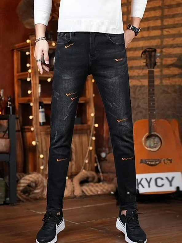 

Bla Hole Denim Jeans Men's Slim Fit Casual Long Pants Faionable Versatile mid Waist Tear Design Elastic Straight Tube