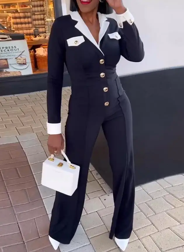 

Модный цветной комбинезон с лацканами, тонкими пуговицами и высокой талией, широкими штанинами, женский осенний элегантный темпераментный комбинезон