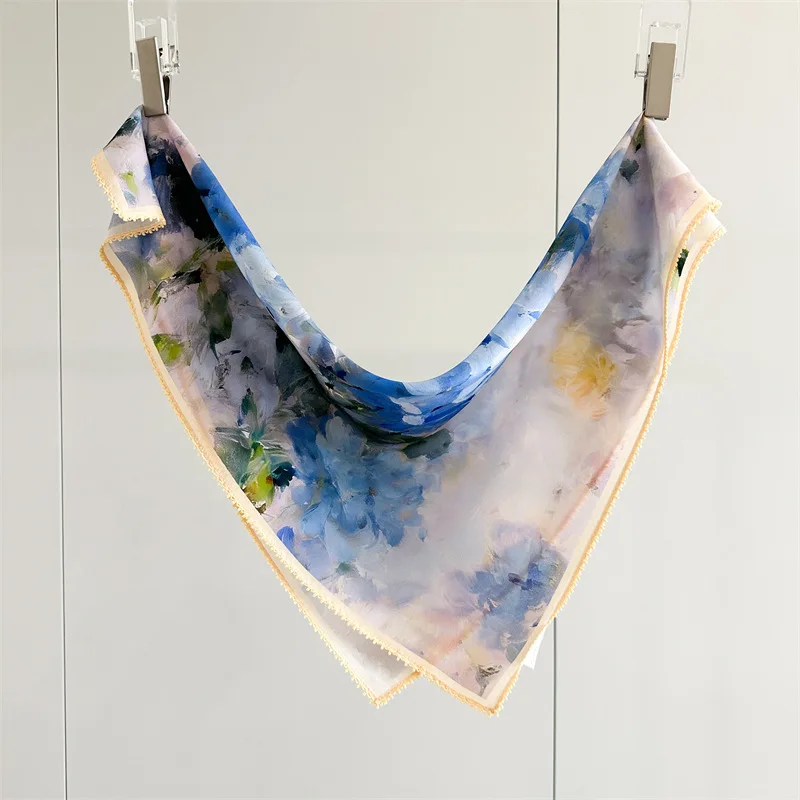 

Women's Print Silk Square Scarf 100% Silk Neck Scarf Oil Painting Style Blue Floral Bandana, Vintage Kerchief for Women