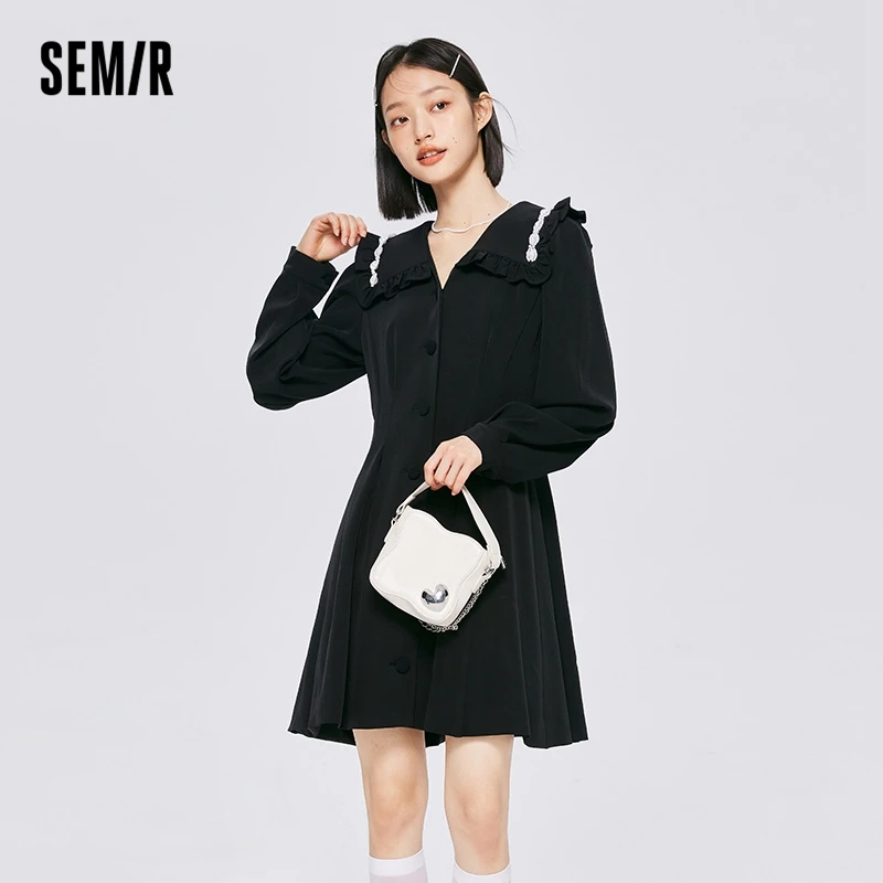 

Semir Dress Women Large Lapel Waist Dress Temperament 2023 Autumn New Elegant Women'S Black Dress