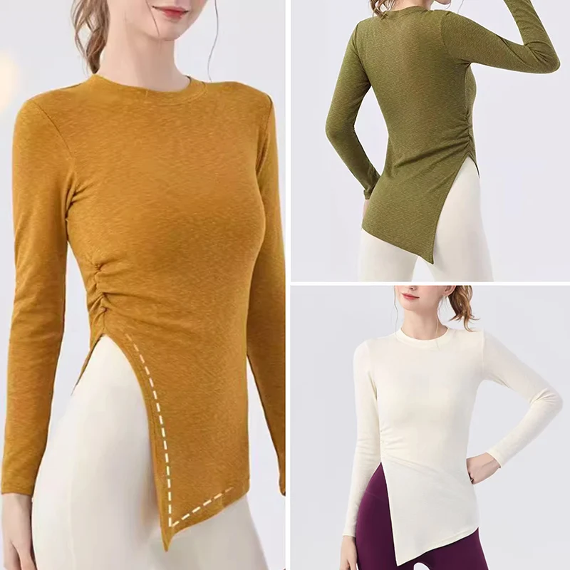 

Yoga Gym Cover-up Long-sleeved Butt-covering Women's Pleated Side Slits Loose Casual Autumn Fitness Pilates Yoga Wear for Women