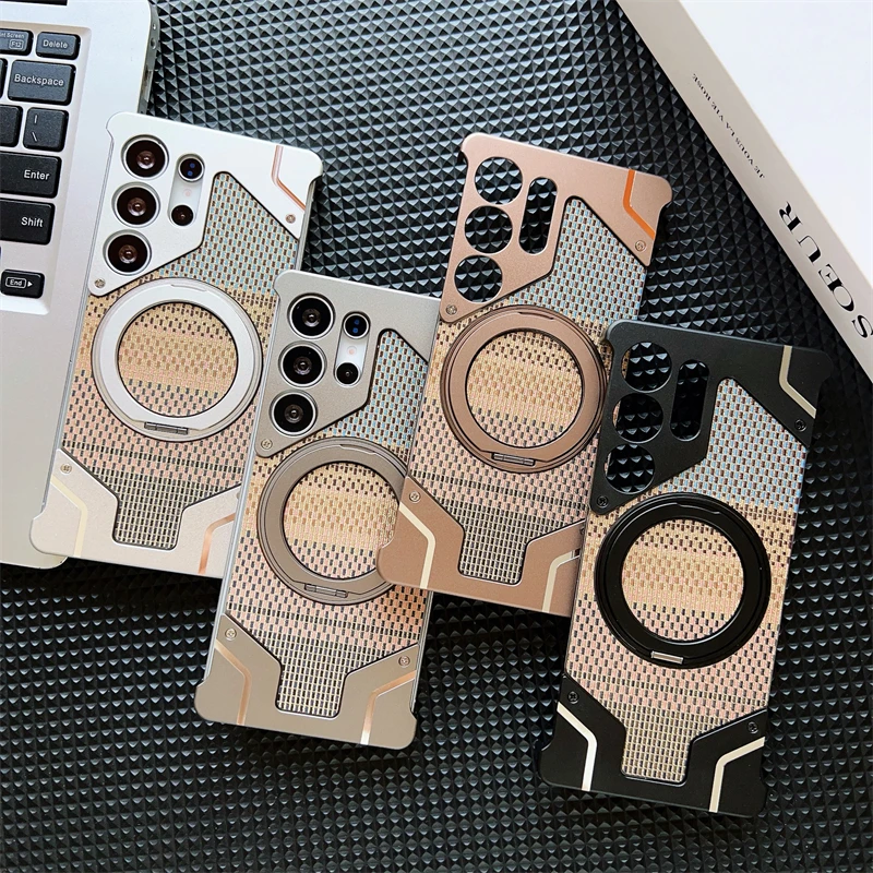 

Aluminum Alloy Frameless MagSafe Phone Case For Samsung Galaxy S25 S24 S23 S22 Ultra 360 ° Bracket Silk Texture Protective Cover