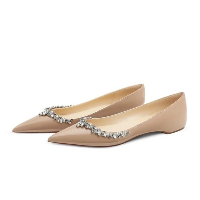

Pointed-toe 2025 Shallow Single Shoe Water Diamond New Patent Leather Nude Flat Shoe, Stylish Single Shoe with Diamonds
