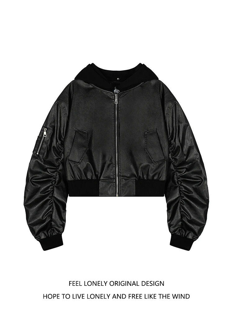 Feel Lonely American Design staccabile in pelle con cappuccio Jaet da donna allentato da motociclista Jaet ort Capispalla Autunno Faion