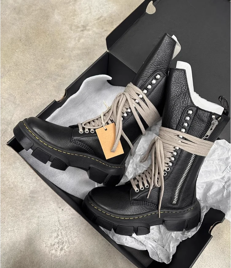Retro sznurowane do połowy łydki okrągłe Toe buty motocyklowe Lady Zip skórzane buty w stylu vintage damskie fajne buty Knight 2024