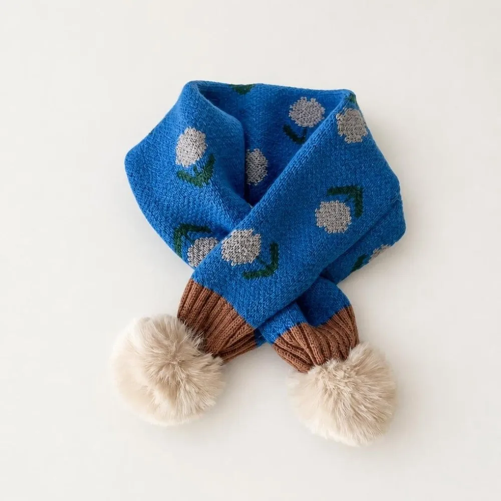 Jacquard Pattern Children Knitted Scarf Flower Print Pompon Baby Girls Scarf Warm Neck Cover Windproof Cross Scarf