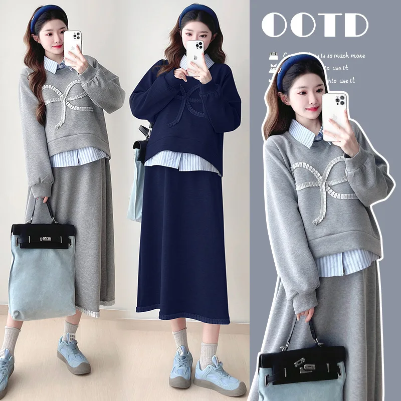 

2025 Casual Pregnancy Outfit Fake Two Layer Hoodie with Flowy Skirt Slim Fit Maternity Two Piece Set Youthful Comfortable