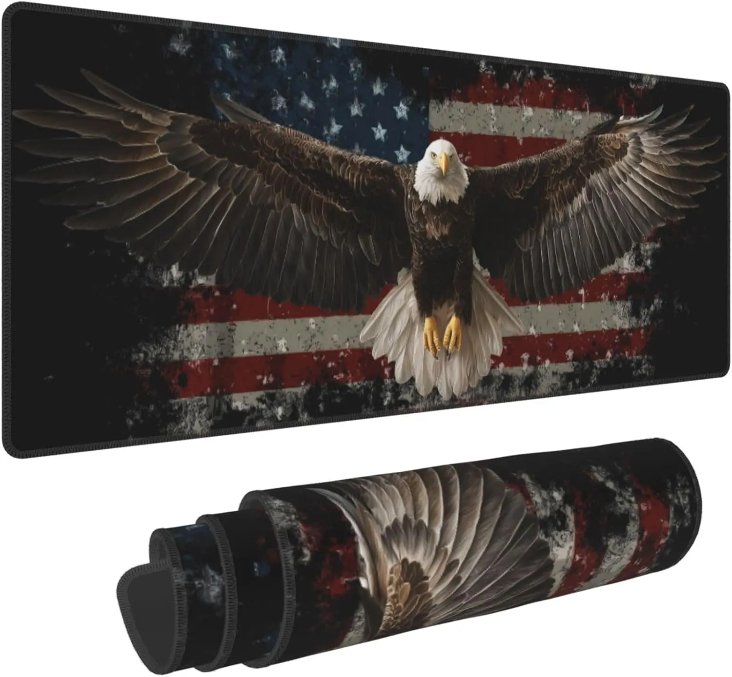 Erweitertes Gaming-Mauspad mit amerikanischer Flagge und Vogel – XL, große Schreibtischunterlage mit genähten Kanten für Gamer und Heimbüro