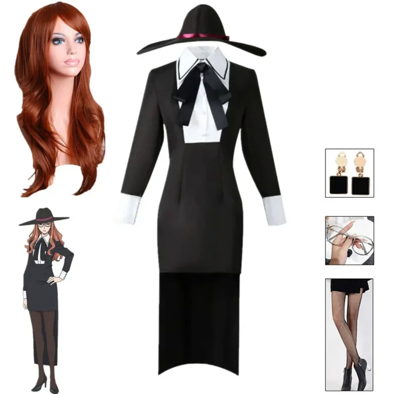 Disfraz de Cosplay de Anime Spy X Family para mujer, conjunto de sombrero de metal completo, vestido negro, ropa de Halloween y Carnaval