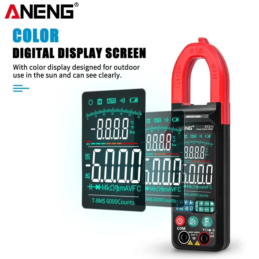 ANENG ST211 Digital Clamp Meter 6000 Counts Multimeter DC/AC  Voltage Current Tester Car Amp Hz Big Color Screen NCV Ohm Test