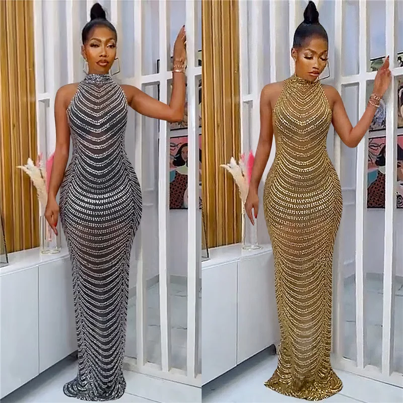 Sparkly Crystal Rhinestone Bodycon Maxi Dress Women Wedding Evening Backless Mesh See Through Night Party Club Birthday Dress - Image 3