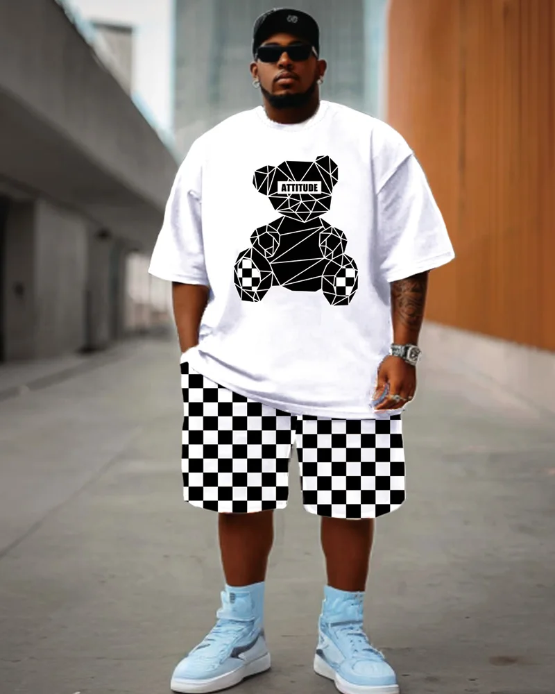 

S-9XL Men's Large Size Checkerboard Bear Short-sleeved T-shirt Shorts Two-piece Set