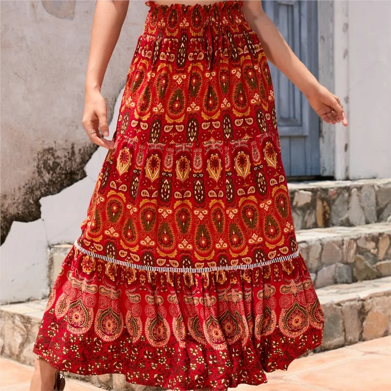 Women's Summer Casual Retro Skirt Vacation High Waist Beach Skirt Large Swing Vacation Printed Beach Long Skirts Roupa Feminina