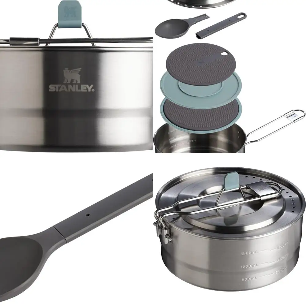 

Набор посуды из нержавеющей стали из 6 предметов: кастрюля на 2 литра с крышкой, разделочной доской, подставкой и ложками — идеально подходит для кемпинга и индукции