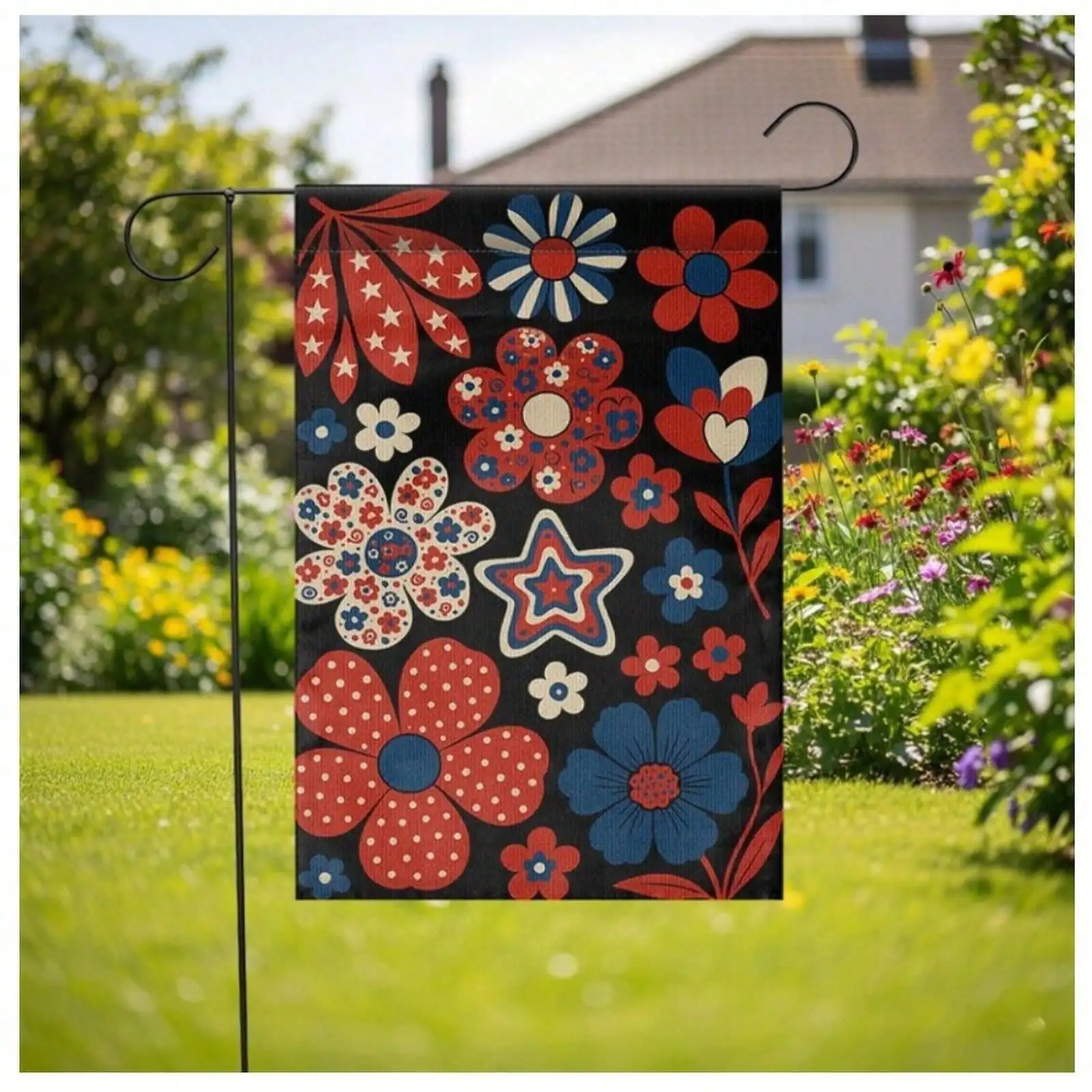 

1pc Retro American Floral Yard Flag Independence Day Holiday Waterproof Banner Porch Backyard Summer Home Decor Flag Only