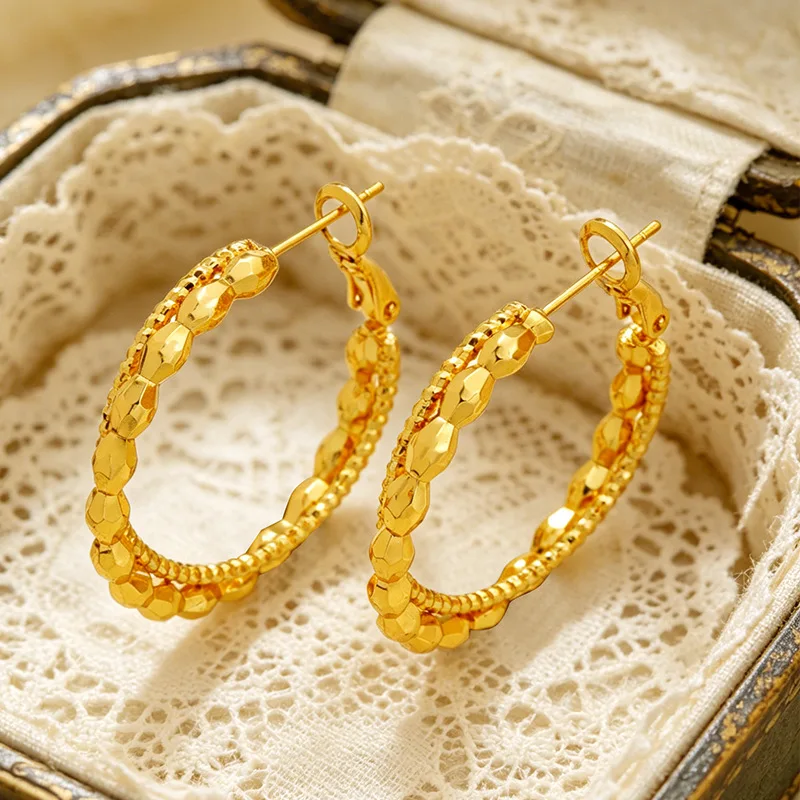 Women's Twisted Crushed Silver Double Layer Earrings manufactured adhering to authentic 24K Gold AU999 standards