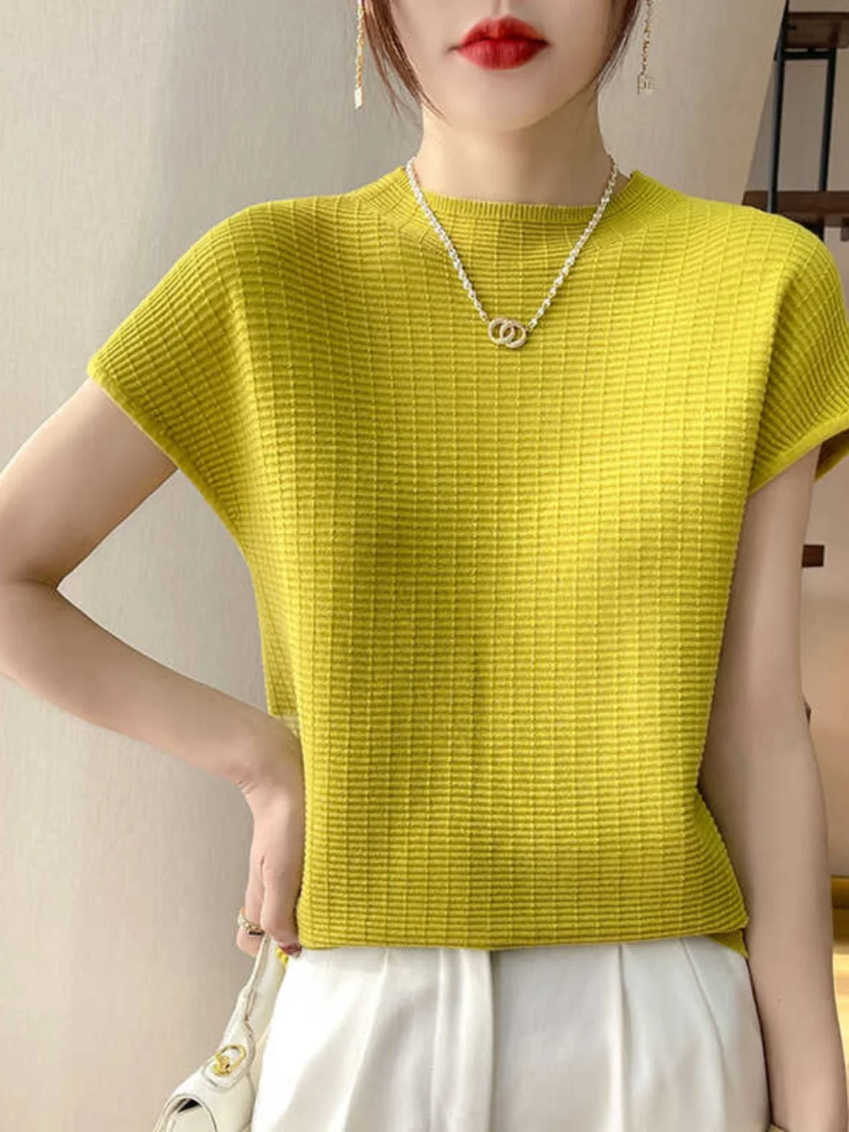 

Bla Knitted ort Sve Women's Summer Casual Loose T-irt Versatile round Ne f Sve Top for Spring And Summer