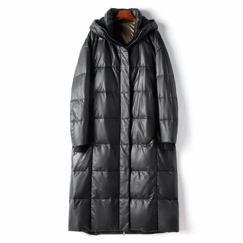 

2025 Spring New Women's Genuine Leather Sheepskin Goose Down Jacket Black Gold Long Hooded Down Coat